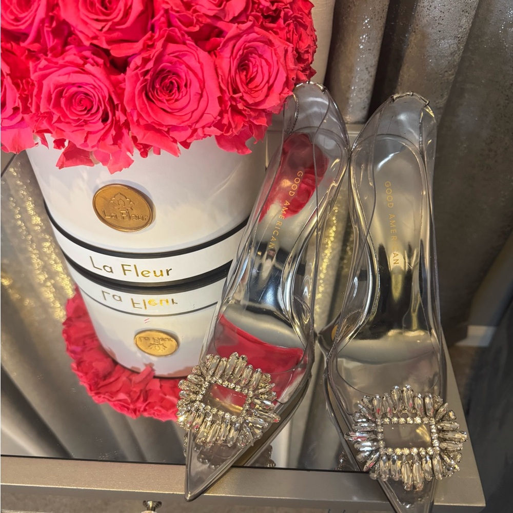Good American Silver Heels with Embellished Buckle